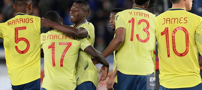 Colombia Celebrating at Nissan Stadium on March 22, 2019 in Yokohama, Kanagawa, Japan