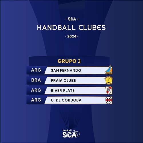 Photo by HANDBALL SC AMERICA on May 26, 2024. May be an image of sports equipment and text that says '•GCA• GC HANDBALLCLUBES HANDBALL CLUBES •2024. GRUPO 3 ARG SAN FERNANDO BRA PRAIA CLUBE ARG RIVER PLATE ARG บ.