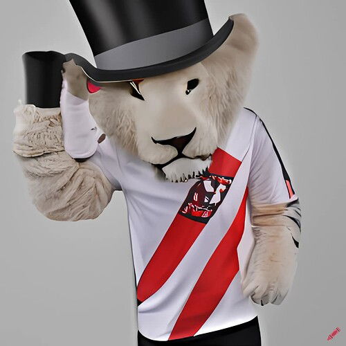 craiyon_204224_white_lion_with_river_plate_shirt__top_hat_and_black_tuxedo__as_sports_mascot_in_phot