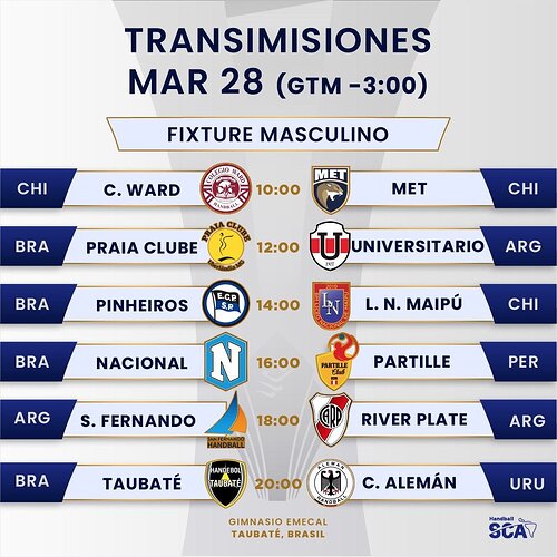 Photo by HANDBALL SC AMERICA on May 26, 2024. May be an image of text that says 'TRANSIMISIONES MAR 28 ( -3_00) CHI FIXTURE MASCULINO c. WARD MET RANBUAL 10_00 BRA MET PRAIA CLUBE 12_00 BRA บ UNIVERSITARIO E.CP S.