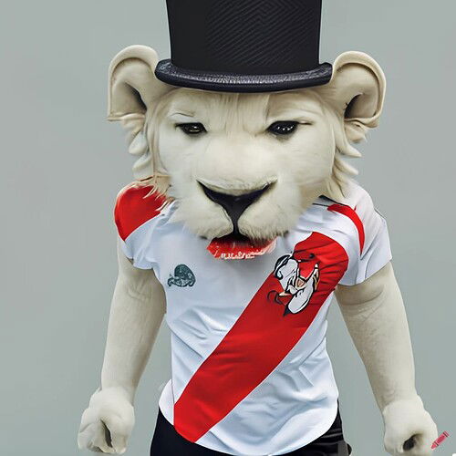 craiyon_205632_white_lion_with_river_plate_shirt__dressed_in_top_hat__black_suit_and_tie__as_sports_