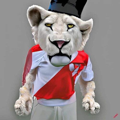 craiyon_204217_white_lion_with_river_plate_shirt__top_hat_and_black_tuxedo__as_sports_mascot_in_phot