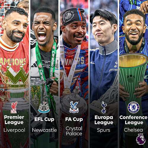 For the first time in Premier League history FIVE teams have won silverware in a season  @liverpoolfc - Premier League  @nufc - EFL Cup  @cpfc - FA Cup  @spursofficial - Europa League  @chelseafc - Conference League